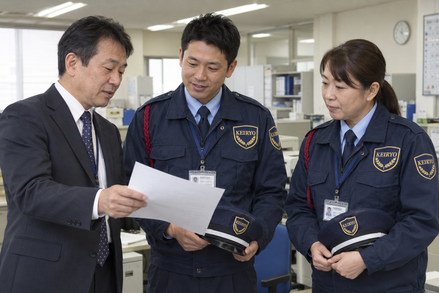 本社の事務所で打ち合わせをする担当者と隊員