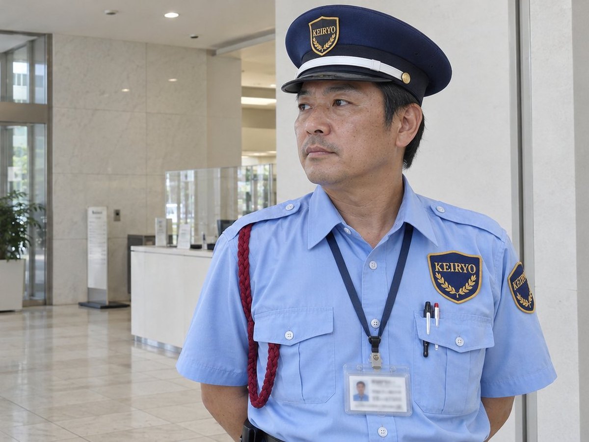 商業ビルのエントランスで立哨する警備員