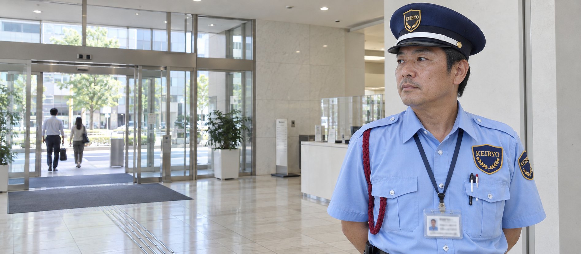 商業ビルのエントランスで立哨する警備員