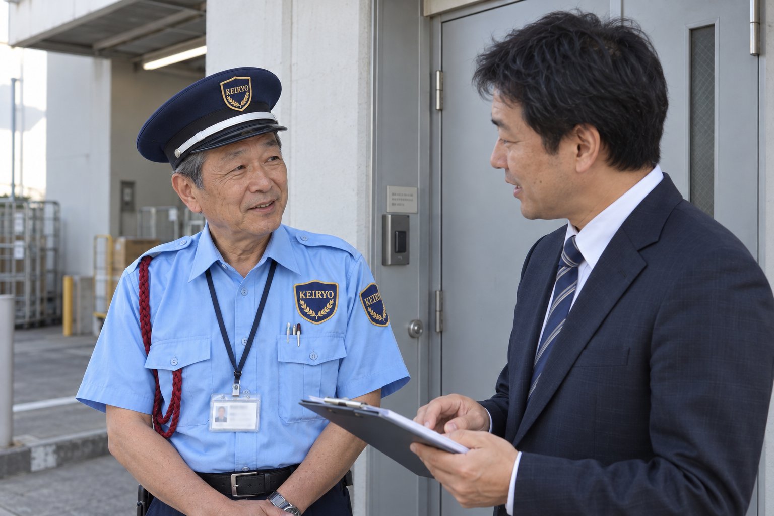 施設を巡察する担当者と警備員